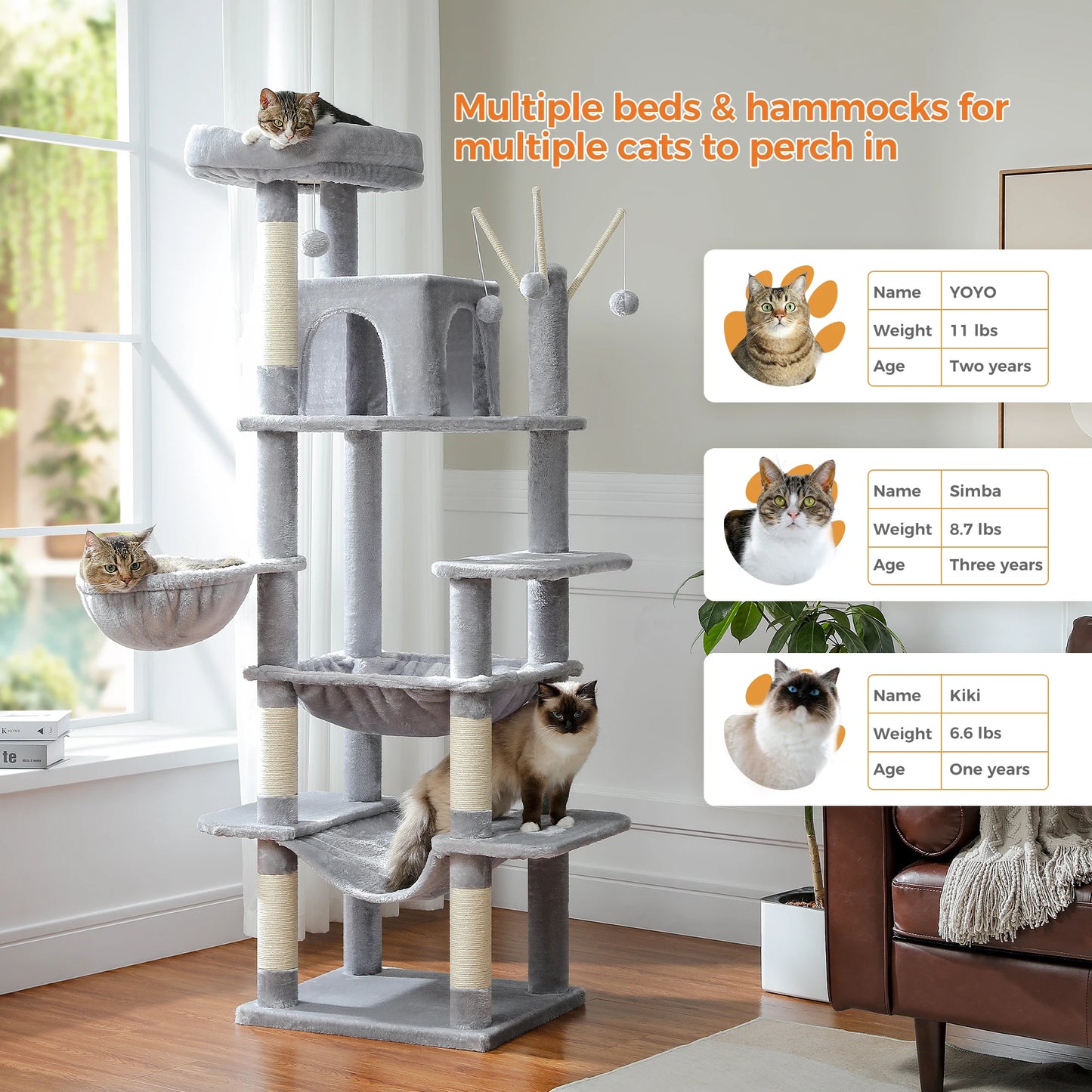 Large Cat Tree Tower – Multi-Level Plush Indoor Cat Condo with Scratching Posts, Boards, Perches & Caves