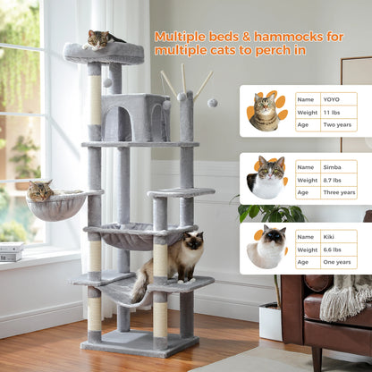 Large Cat Tree Tower – Multi-Level Plush Indoor Cat Condo with Scratching Posts, Boards, Perches & Caves