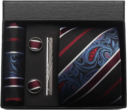 100% Silk Men’s Necktie Set with Paisley Floral Design, Business Tie with Pocket Square, Tie Clip & Cufflinks Gift Box Set for Men