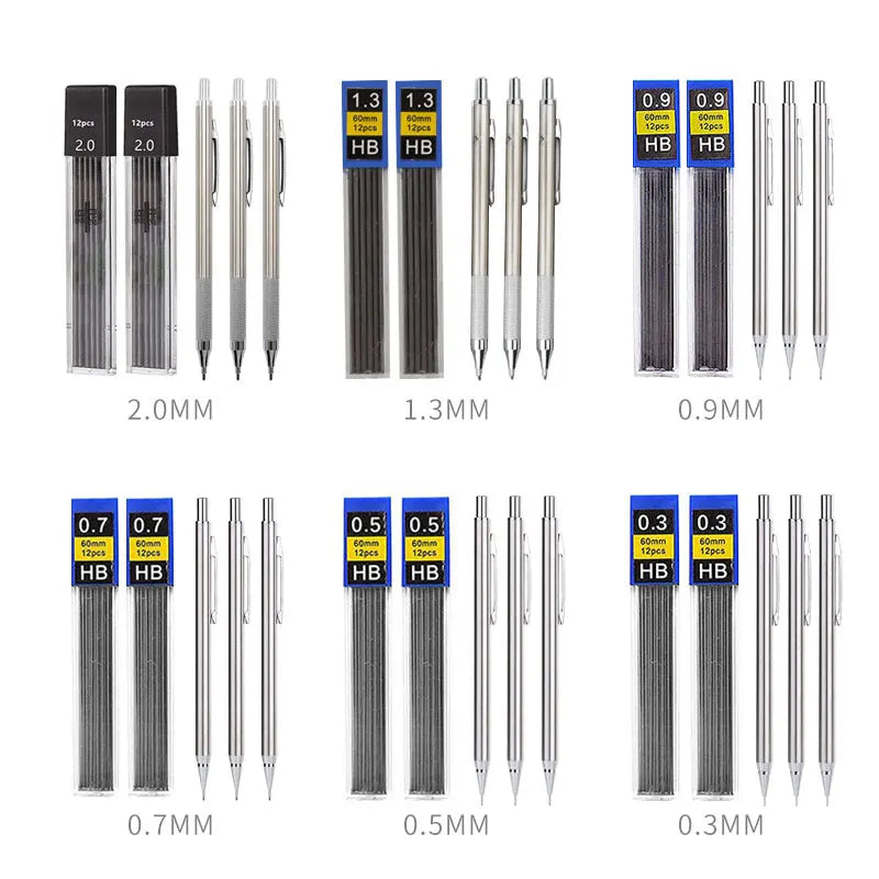 Full Metal Mechanical Pencil Set - 0.3–2.0mm Automatic Drawing Pencils with Leads for Art, School, and Office Use
