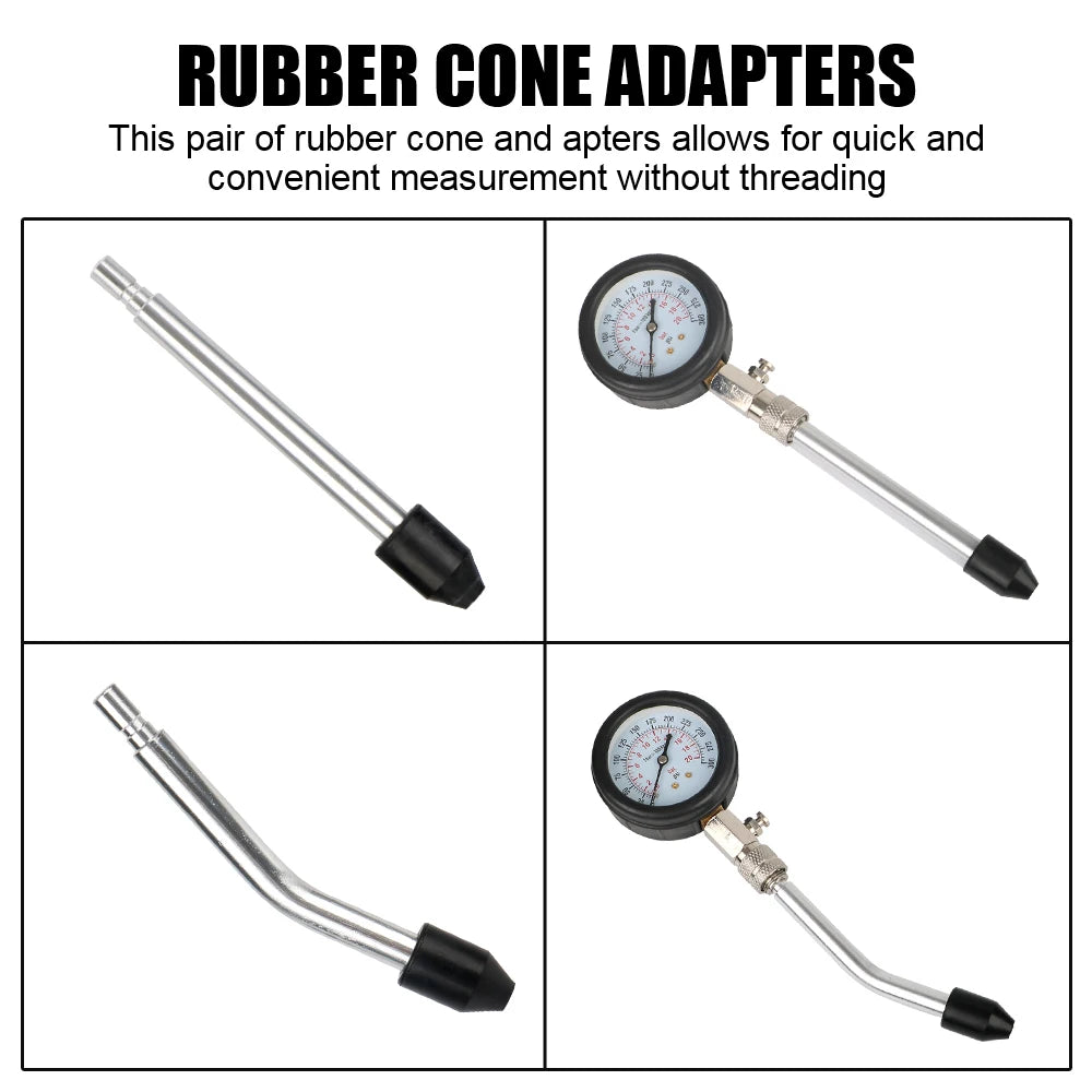 Gasoline Engine Compression Meter - 0-300 PSI Pressure Gauge Automotive Cylinder Tester Kit with M10 M12 M14 M18 Adapters