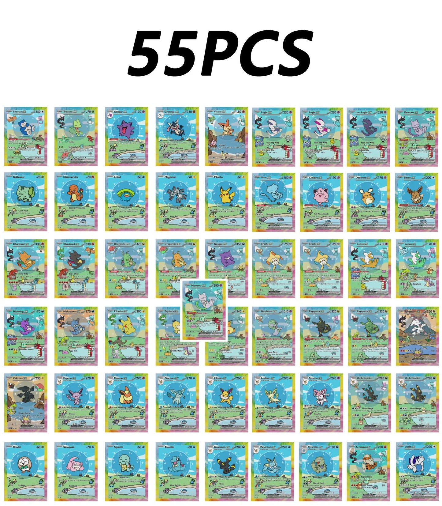 55PCS Holographic Pokémon Cards - Cute Anime DIY Proxy Collection with Eevee & Charizard