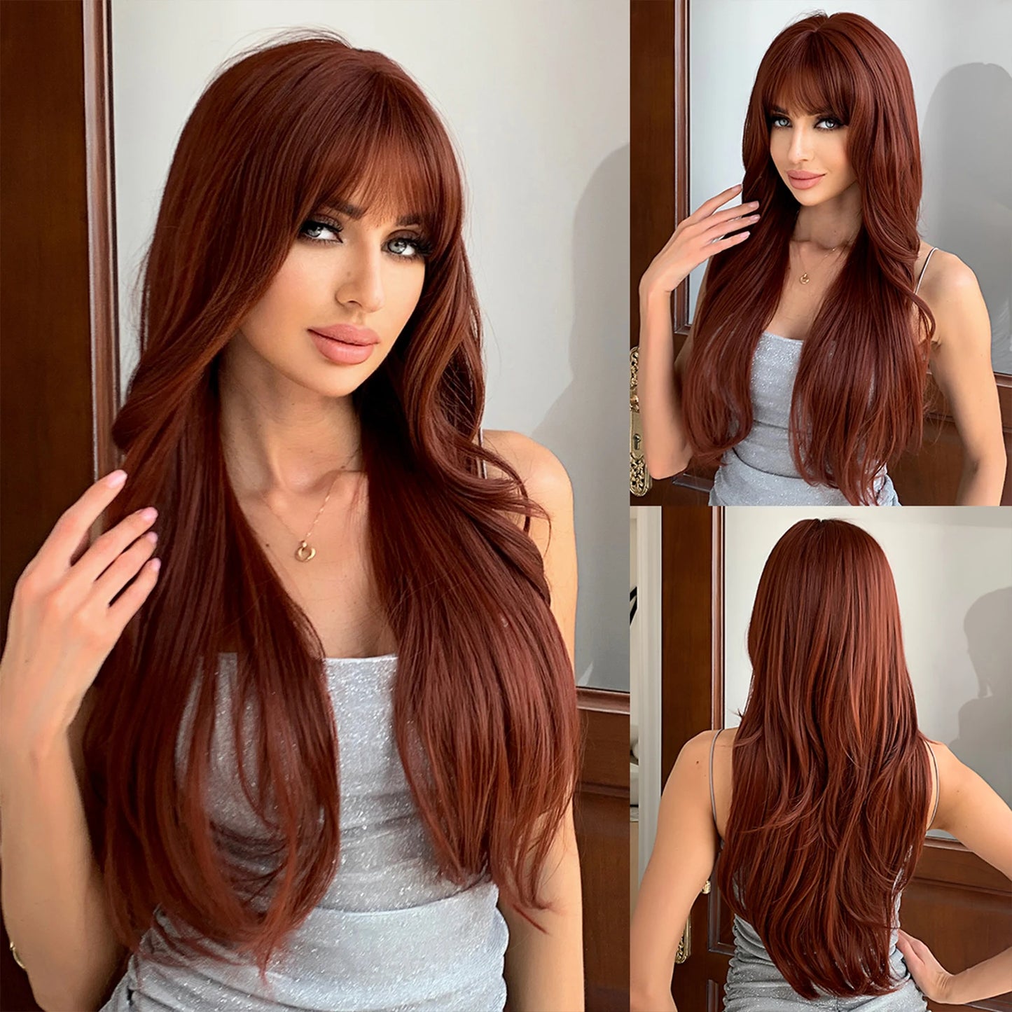 Copper Ginger Red Brown Synthetic Wig – Long Fluffy Wavy Wig with Bangs, Heat-Resistant Cosplay & Daily Wear Hair for Women