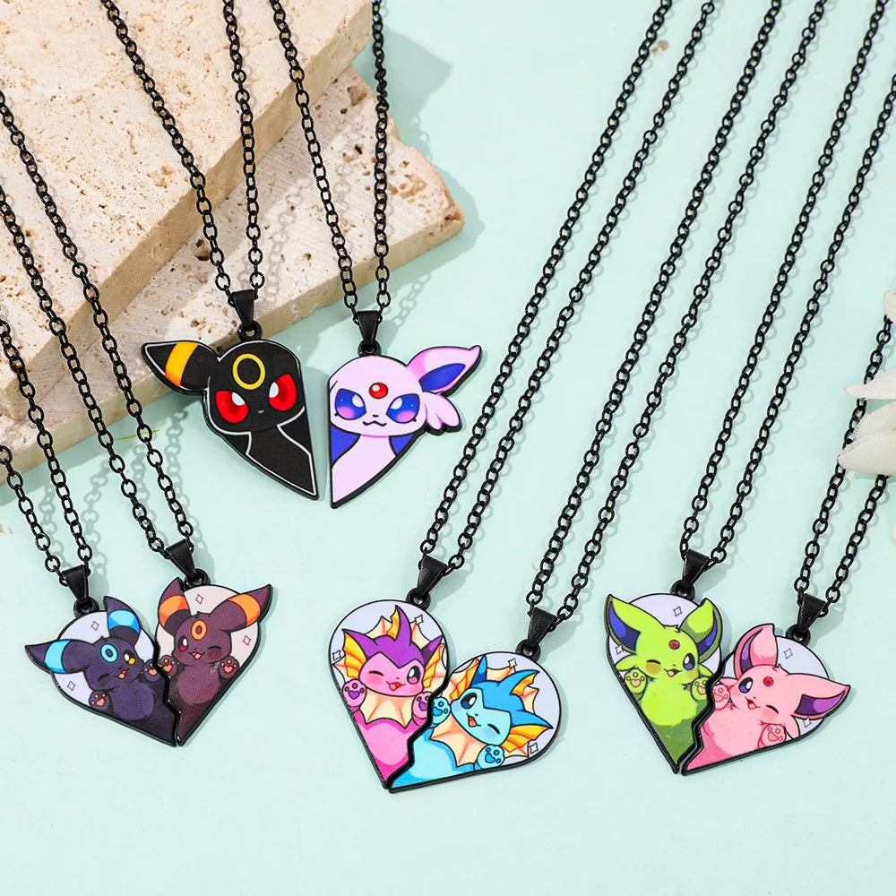 Eevee Pendant Necklace - 2-Piece Cute Cartoon Heart Patchwork Anime-Style Metal Jewelry Set