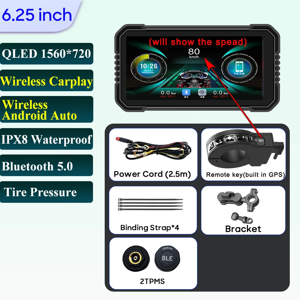 6.25-Inch Motorcycle GPS Navigation Screen with Wireless CarPlay & Android Auto – 1560x720 Resolution, Motor DVR Monitor, TPMS Optional