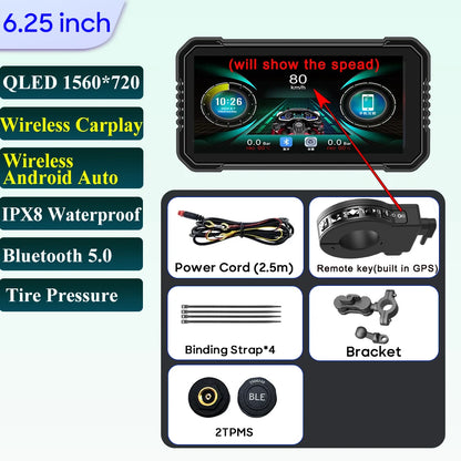 6.25-Inch Motorcycle GPS Navigation Screen with Wireless CarPlay & Android Auto – 1560x720 Resolution, Motor DVR Monitor, TPMS Optional
