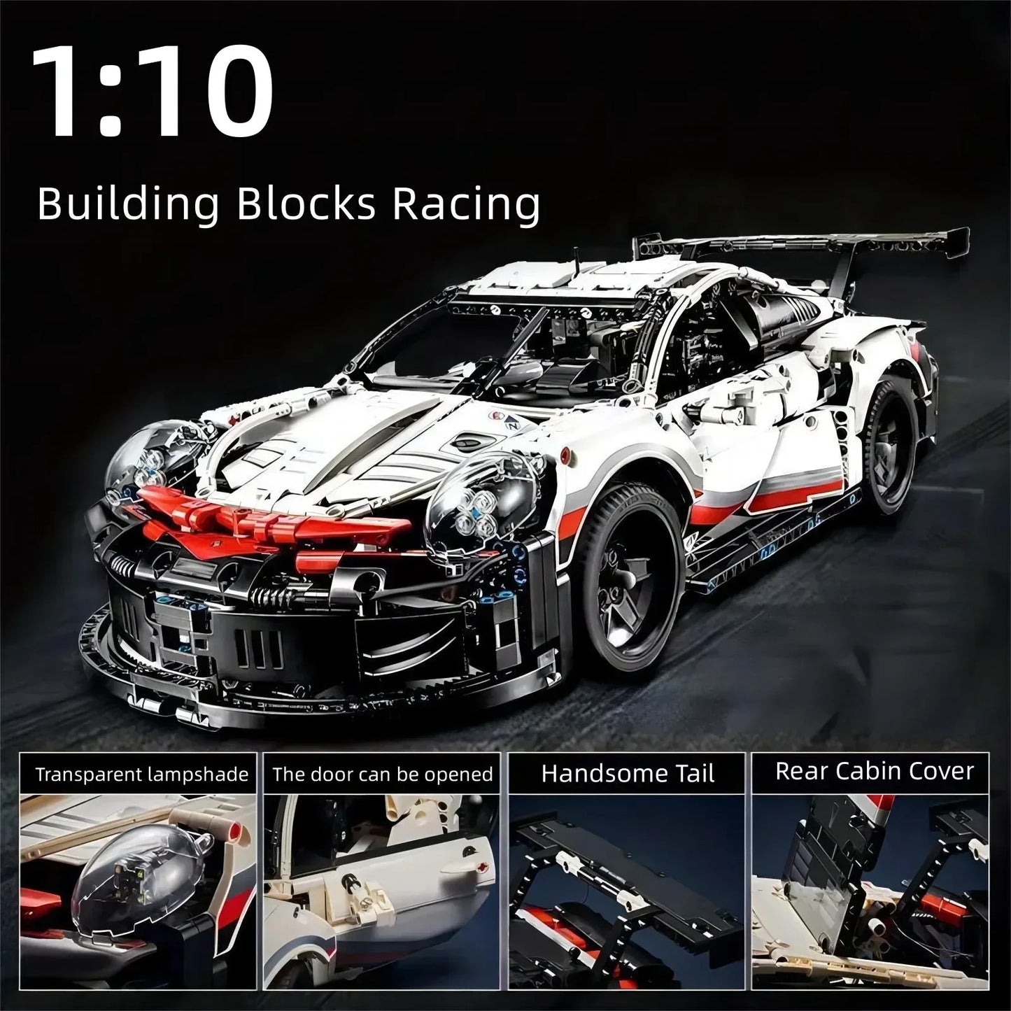 1580+PCS 1:10 Electric Sports Car Model - Assembled Building Blocks Compatible with 42096, Remote Control with Lights, DIY Birthday Gift