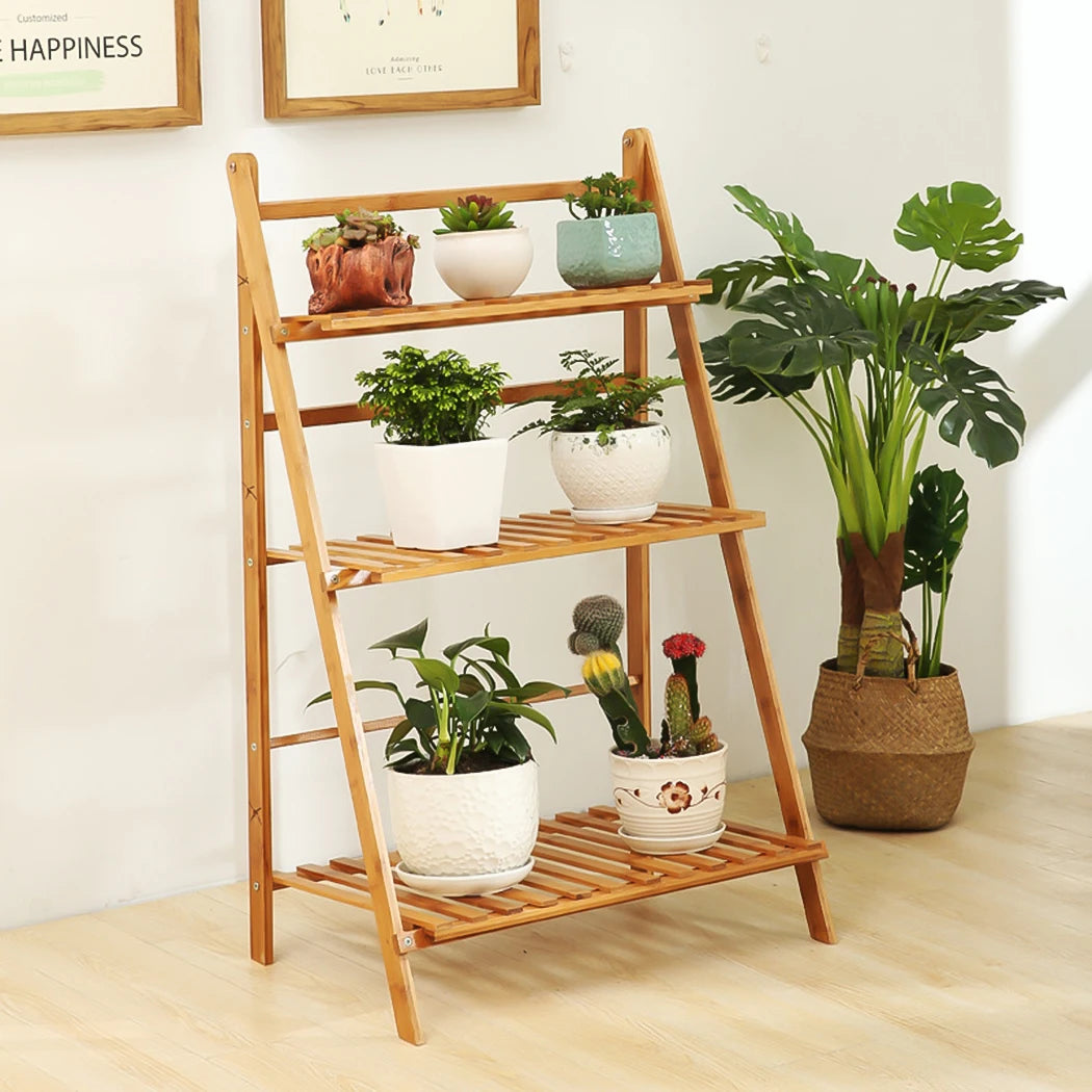 3-Tier Foldable Bamboo Plant Stand Indoor Outdoor Planter Display Shelf Organizer