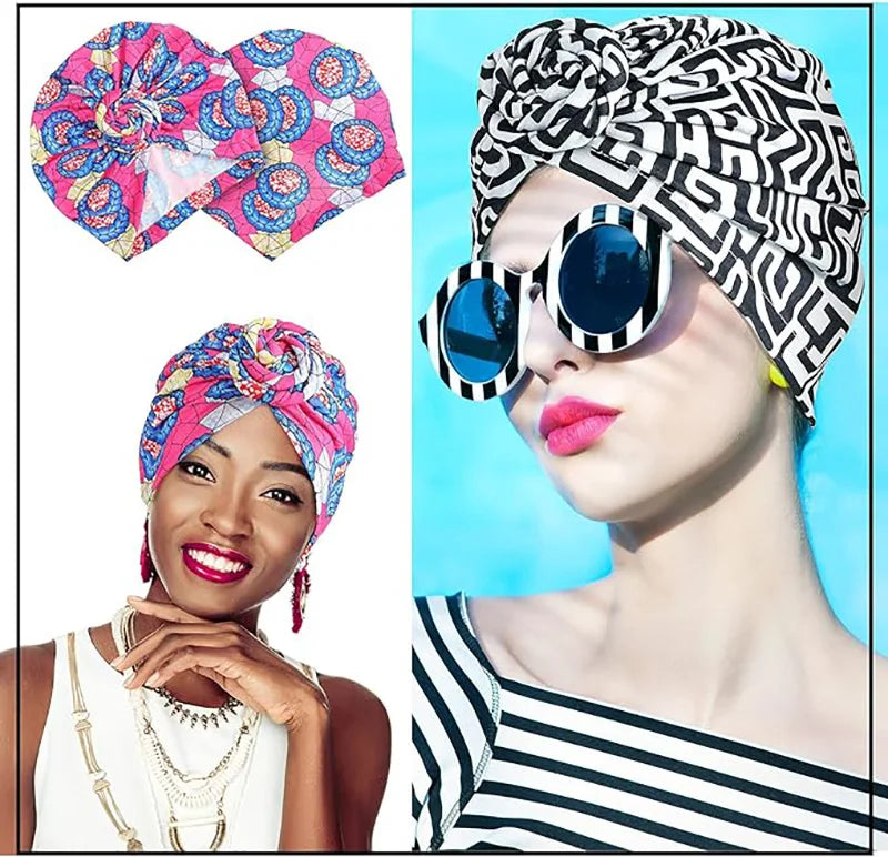 African Floral Pleated Turban - Elegant Knot Flower Beanie Head Wrap for Women, Bandana & Head Cover