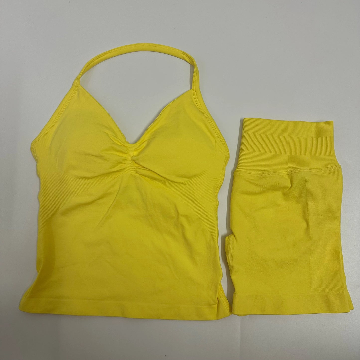 2-Piece Women’s Yoga Set – Seamless Longline Strappy Tank Top & Scrunch Sports Shorts, Summer Workout Gym Outfit