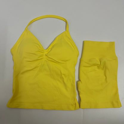 2-Piece Women’s Yoga Set – Seamless Longline Strappy Tank Top & Scrunch Sports Shorts, Summer Workout Gym Outfit