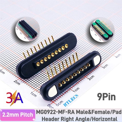 3A Magnetic Pogo Pin Connector - 2–11 Pin Spring-Loaded Male/Female Contact Strip, 2.2mm Pitch