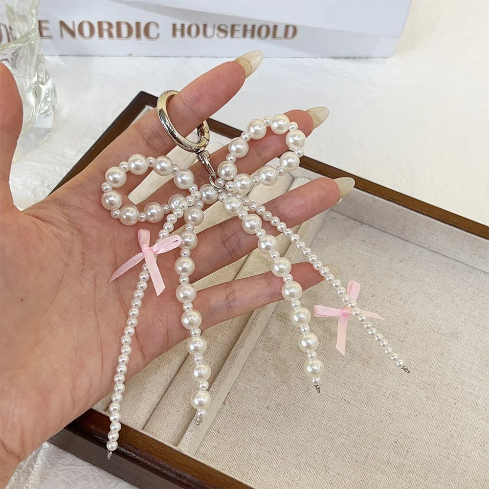 2026 Y2K Pearl Bow Heart Keychain – Cute Aesthetic Bag Charm Keyring Accessory for Girls