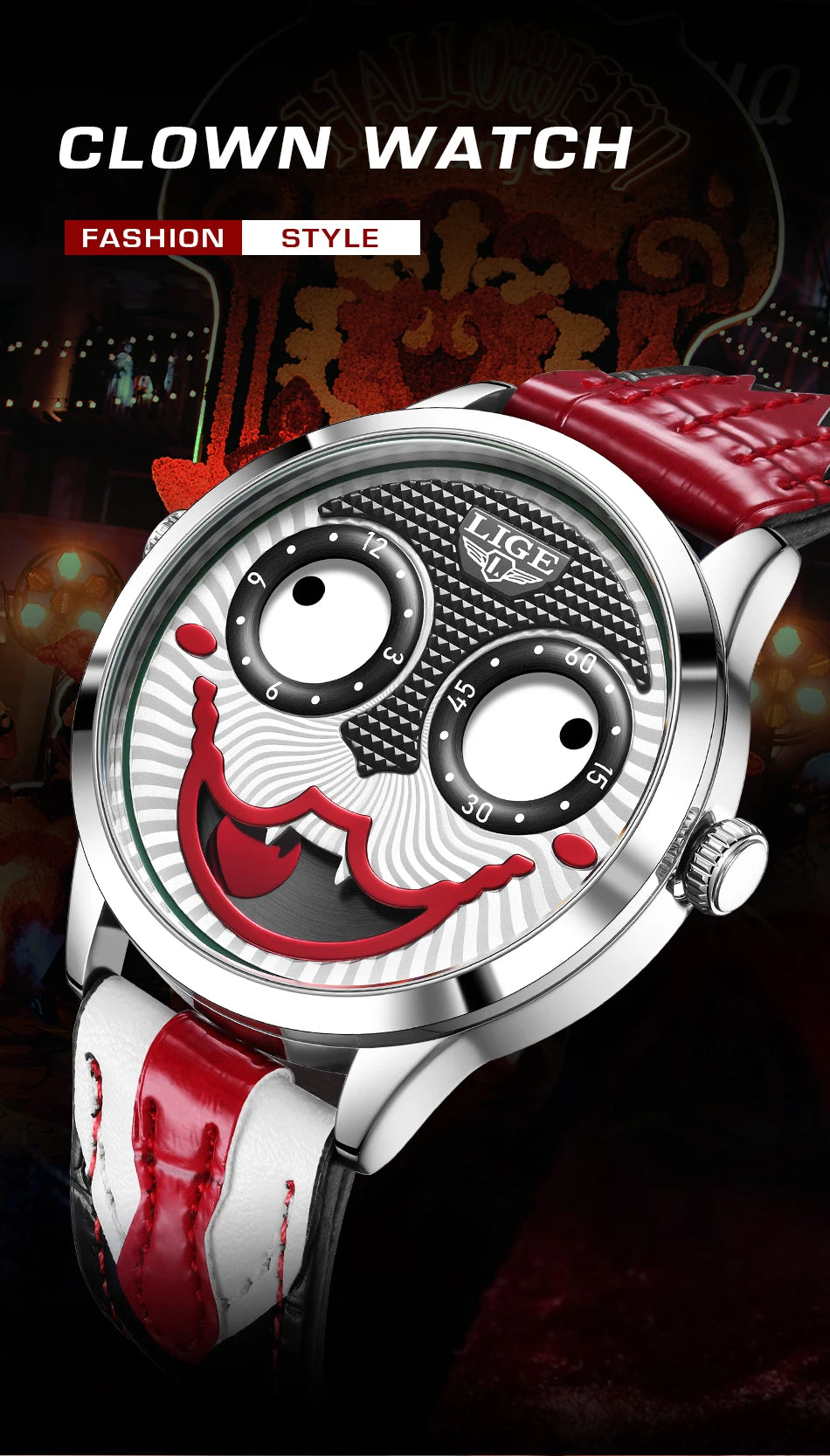 LIGE 2025 Men’s Creative Clown Quartz Watch – Waterproof Leather Strap Joker Fashion Wristwatch