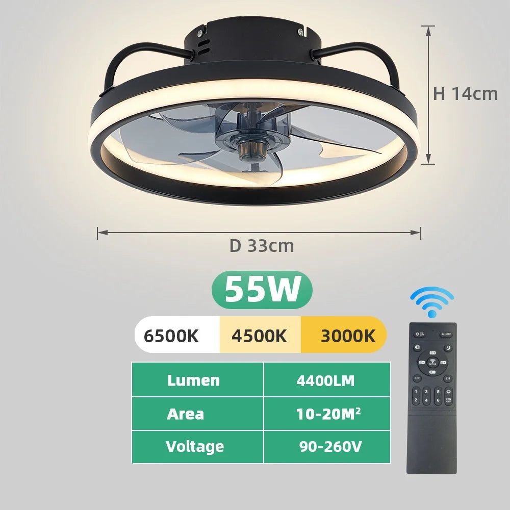 Modern LED Ceiling Fan Light with DC Motor - 6 Speed, Timer, Low Floor Attic Fan, Remote Control Decorative Light