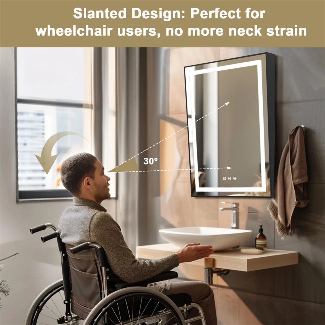 LUVODI LED Tilt Bathroom Mirror – Wheelchair Accessible Anti-Fog Barrier-Free Mirror with 3-Color Lights