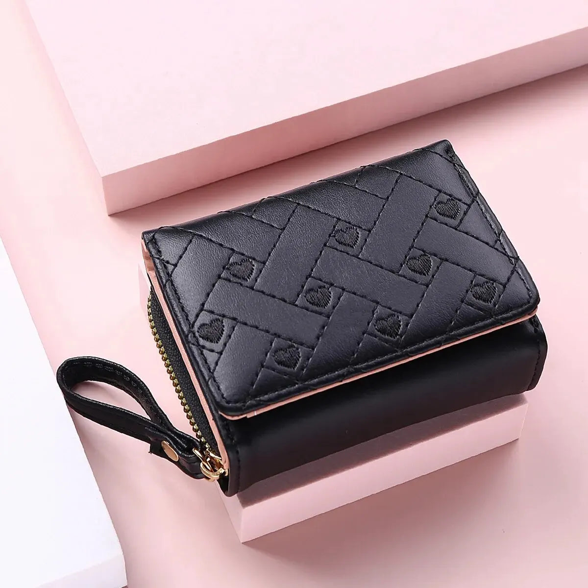 Women's Embroidered Love Zero Wallet - Large Capacity, Zipper and Buckle Closure, Fashionable Card Holder