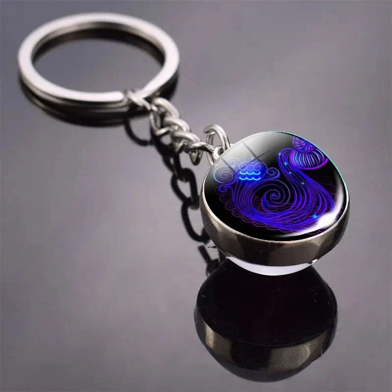 S12 Constellation Keychain – Luminous Double-Sided Zodiac Glass Ball Pendant for Men & Women