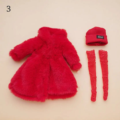 30CM Doll Clothes Set – Fashion Tops, Fur Overcoat, Knitted Hat & Colorful Lace Stockings for 1/6 BJD Doll Accessories