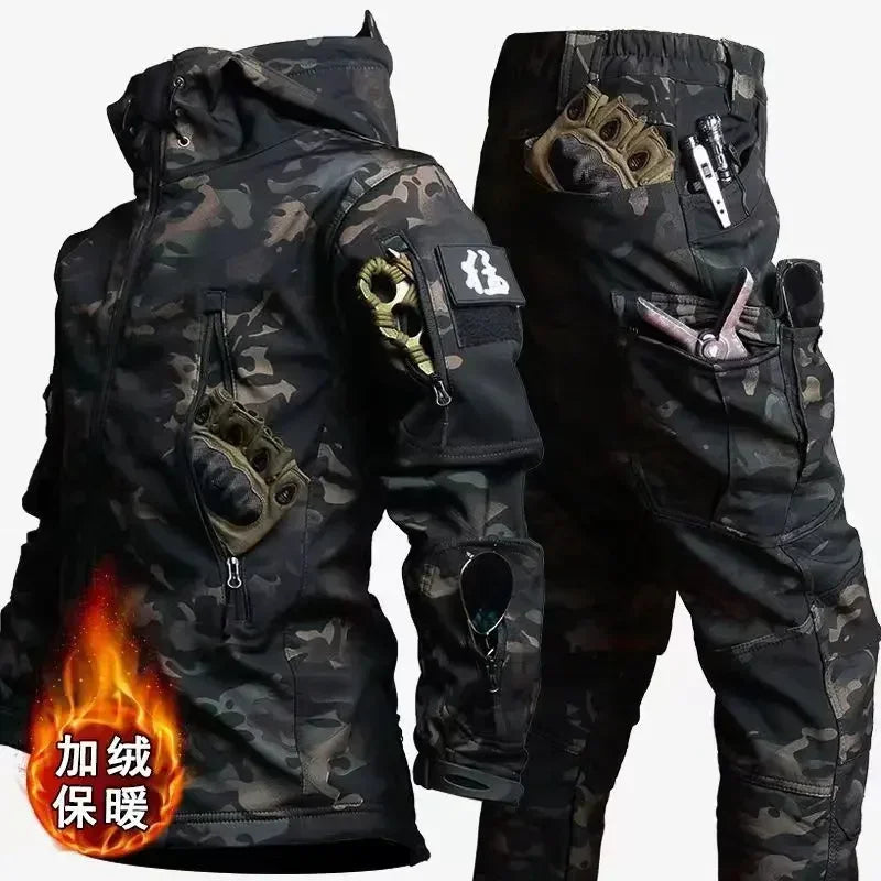 Men's Tactical Winter Set – Windproof Waterproof Soft Shell Jacket & Sharkskin Work Pants | Multi-Pocket Outdoor Suit