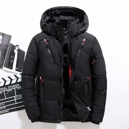 Men's Winter Hooded Puffer Jacket – White Duck Down Coat, Windproof & Warm Outdoor Parka, Size 5