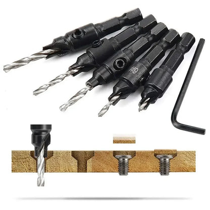 5PCS Woodworking Countersink Drill Bit Set – One-Piece Hex Handle Twist Drill with Chamfering Tool