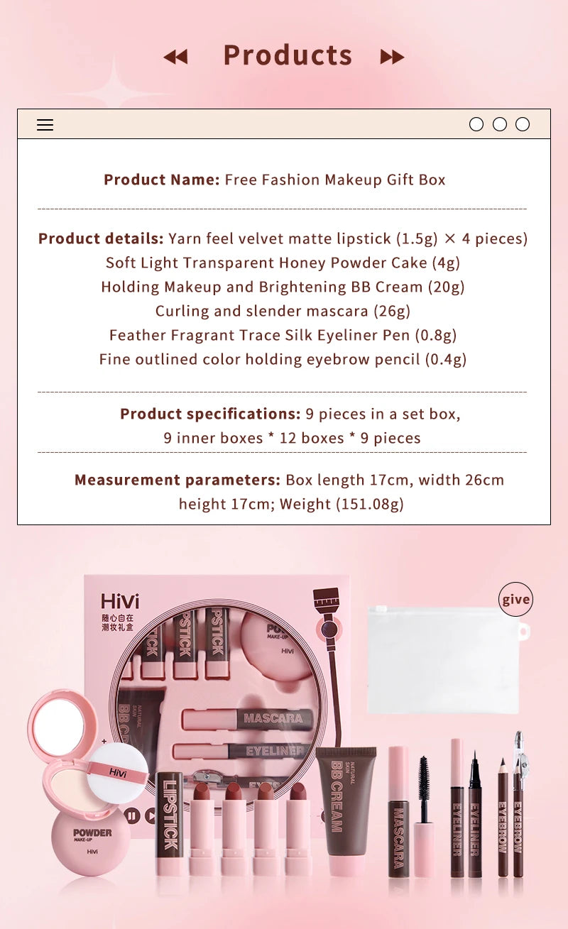 HiVi Makeup Gift Box Set – Powder, Glue, Lipstick & More, Perfect Valentine's Day Gift for Your Wife
