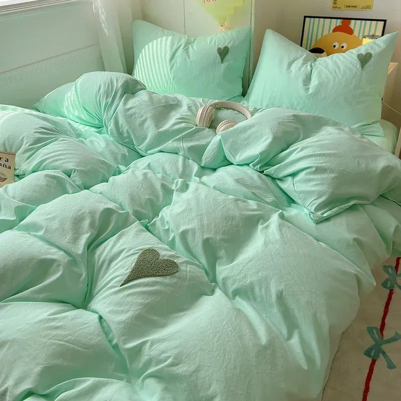 Washed Cotton Bedding Set - Soft Cool Duvet Cover, Bed Sheet & Heart-Shaped Towel Set