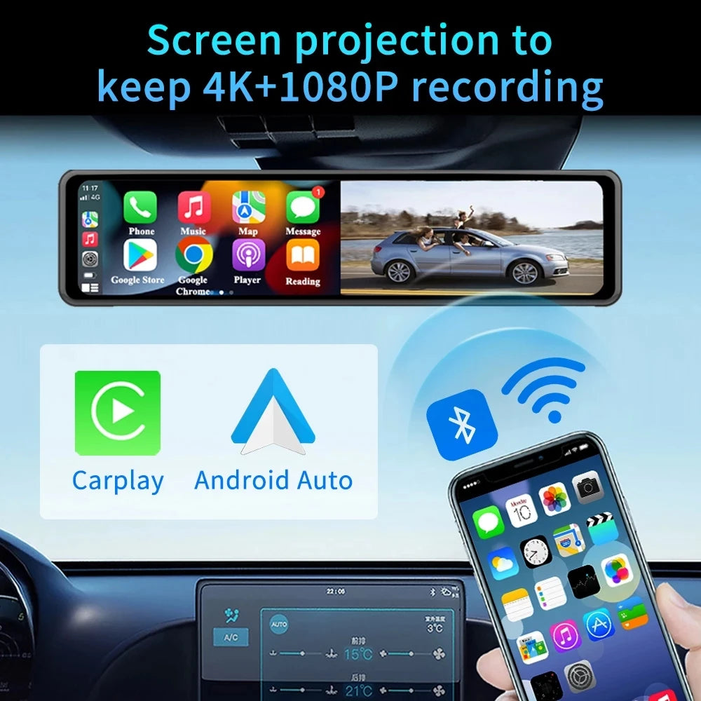 4K Dash Cam Car Mirror – 3840x2160P Video Recording, Wireless CarPlay & Android Auto, 5G WiFi, GPS Navigation