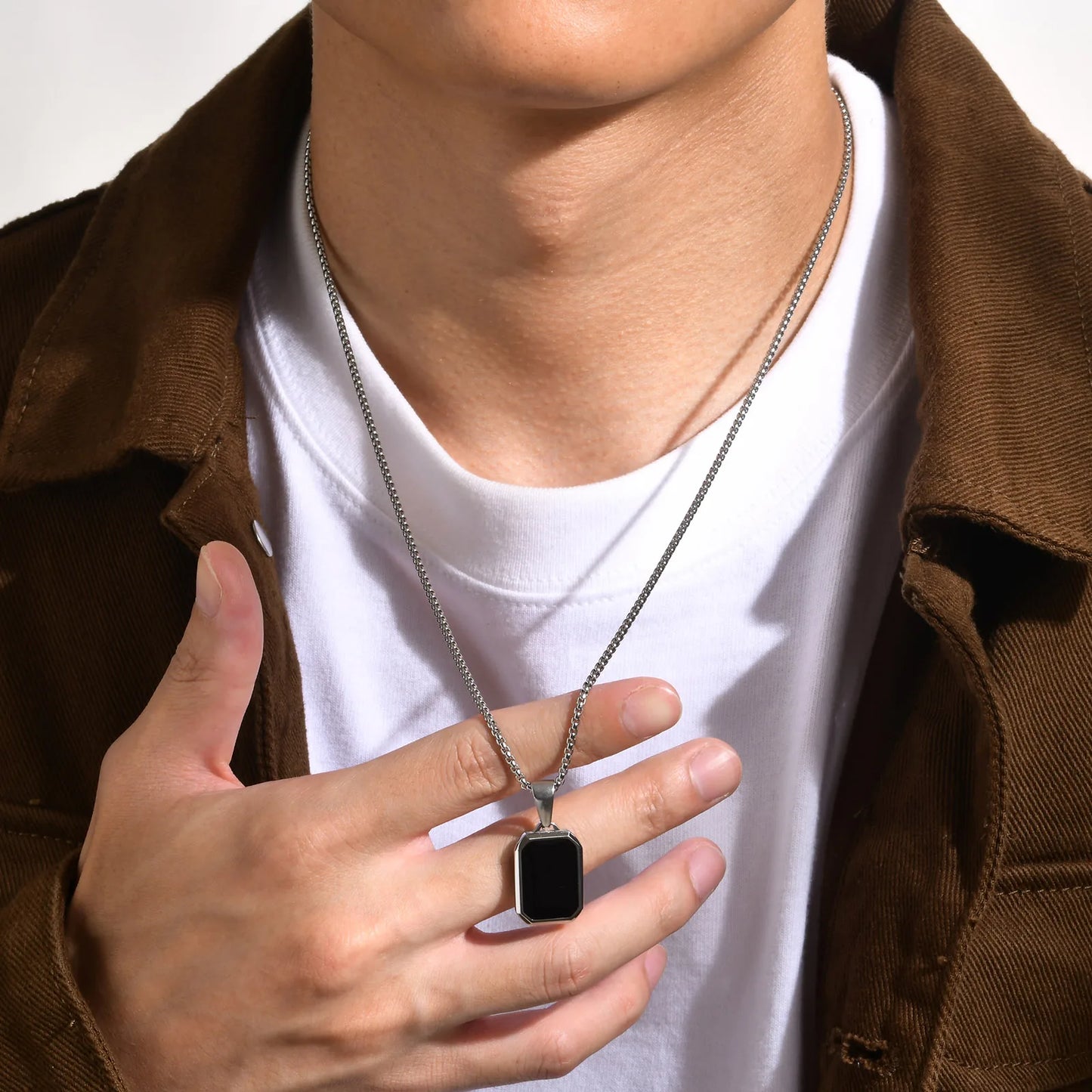 Casual Black Enamel Necklace for Men, Waterproof Stainless Steel Square Pendant, Simple Fashion Collar Jewelry Gift