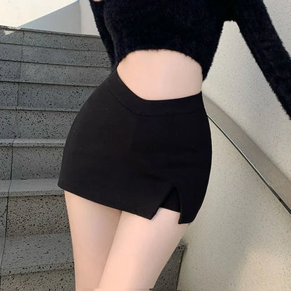 Black Split Mini Skirts: Summer Sexy High Waist Club Skirt - Korean Streetwear Fashion Irregular Slim A-Line Skirt for Women