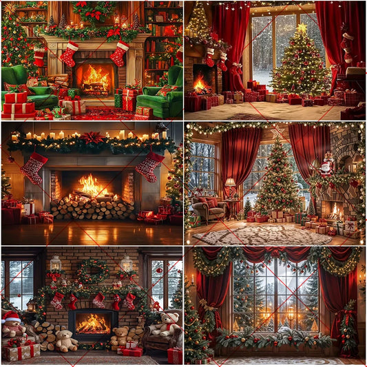 Christmas Winter Background with Vintage Fireplace – Party & Photo Studio Decoration with Xmas Tree, Lanterns, and Snowy Scenery