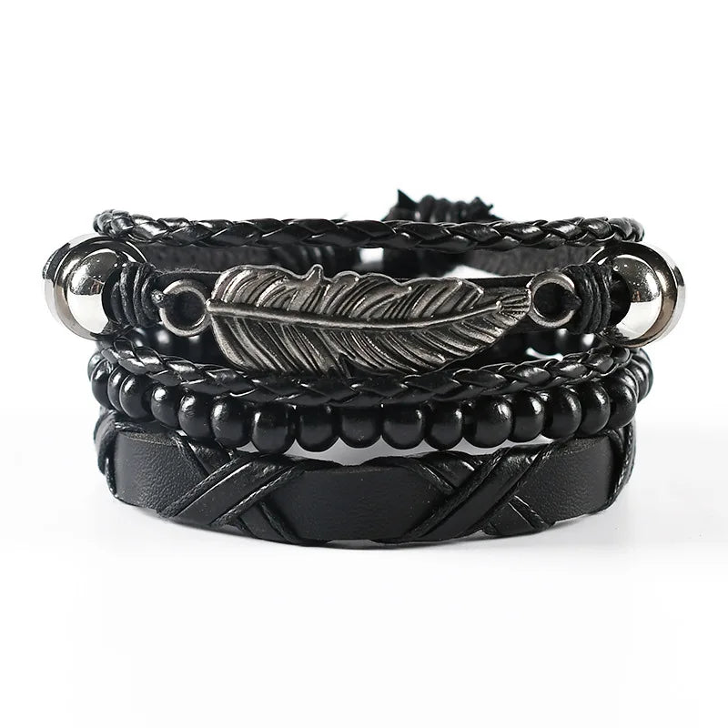 4Pcs Men's Braided Leather Bracelets Set – Vintage Life Tree & Rudder Charms, Wood Beads, Ethnic Tribal Wristbands