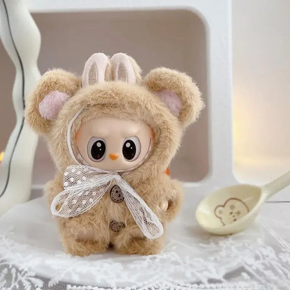 17cm Mini Plush Doll Clothes – Outfit Accessories for Kpop EXO Labubu Idol V1/V2, Cartoon Bear Hat & Bow Clothing Gift