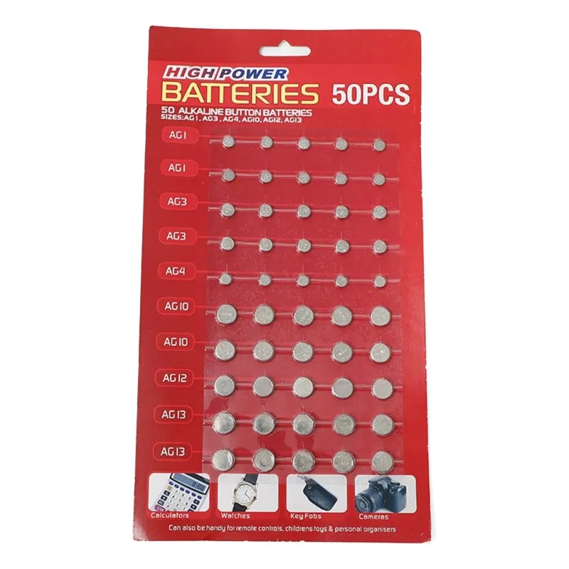 50/100Pcs Mixed Button Coin Cell Battery Set - AG1/AG3/AG4/AG10/AG12/AG13 Batteries for Watch, Toy, Clock, Calculators