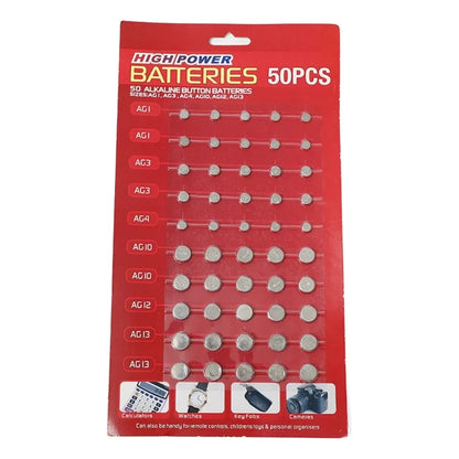 50/100Pcs Mixed Button Coin Cell Battery Set - AG1/AG3/AG4/AG10/AG12/AG13 Batteries for Watch, Toy, Clock, Calculators
