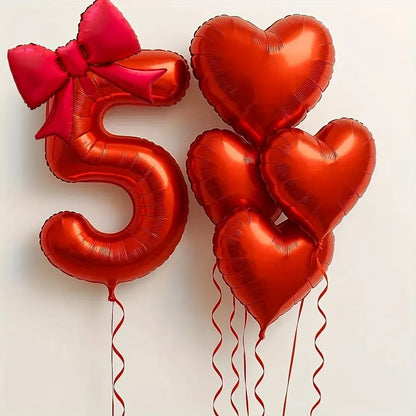Red Heart Foil Balloons Set - 6PCS Birthday Wedding Anniversary Decoration with 32 Inch Numbers & Tassel Bows