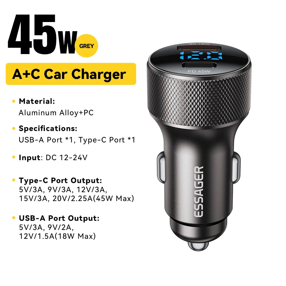 Essager 45W USB-C Car Charger – Dual Port PD 3.0 & QC 3.0 Fast Charging Adapter with Digital Display for iPhone 16/15, Samsung, Xiaomi, Huawei & OPPO Devices