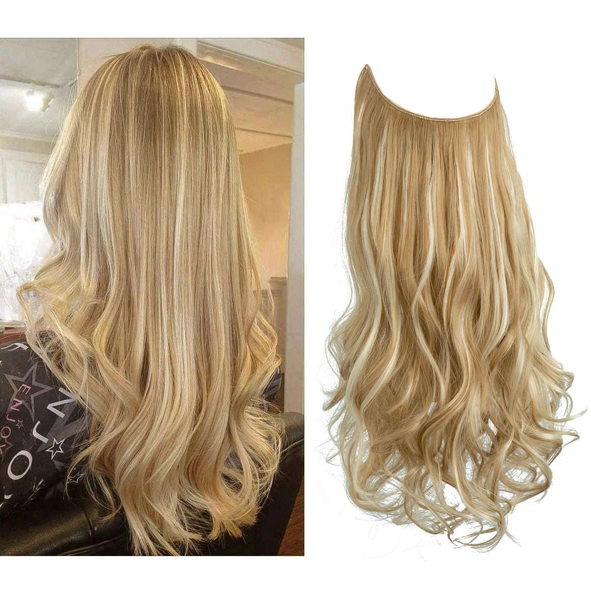 Synthetic Ombre Hair Extension - One Piece Invisible Wire Long Wavy Clipless False Hairpiece Black Blonde Pink