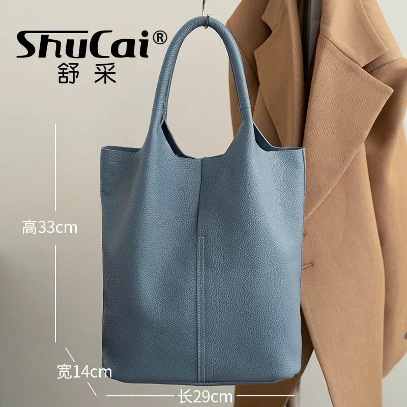 Genuine Leather Women’s Commuter Tote Bag — Soft Cowhide Shoulder Handbag, Large Capacity Bucket Bag, 2025 New