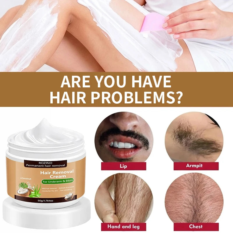 50g Coconut Hair Removal Cream - Smooth Skin Depilatory Cream for Lips, Underarms & Legs
