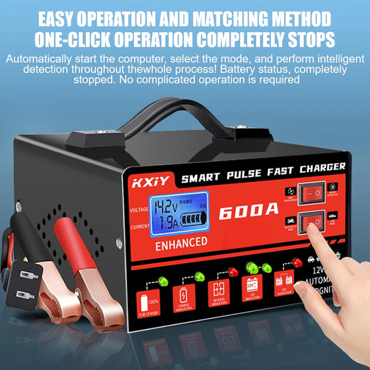 12V/24V Smart Car Battery Charger with LCD Display – 600A Intelligent Pulse Repair Maintainer