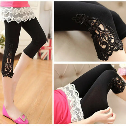 Women’s Lace Cropped Leggings - Stretchy 3/4 Length Fitness and Summer Sports Pants