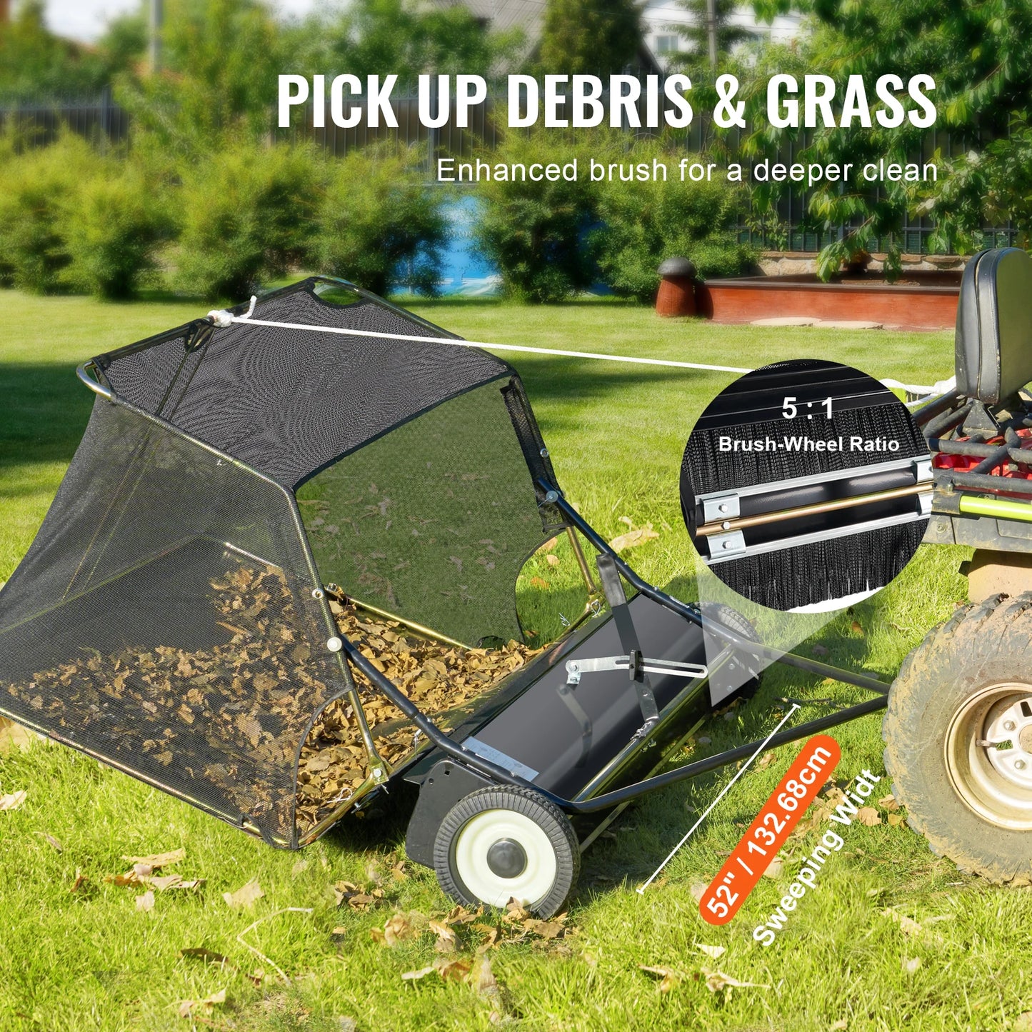 SucceBuy 52 Inch Lawn Sweeper - Heavy Duty Tow Behind Leaf and Grass Collector with 26CuFt Hopper