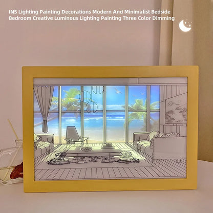 LED Light Painting Wall Art Lamp – Wooden Sunlight Window Dimmable Indoor Night Light Home Decor Table & Bedroom Lighting