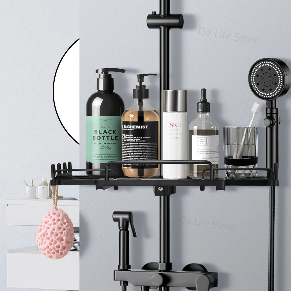 Extendable Shower Shelf — No-Drill Bathroom Storage Holder with Shampoo Tray, Wall-Mounted Accessories