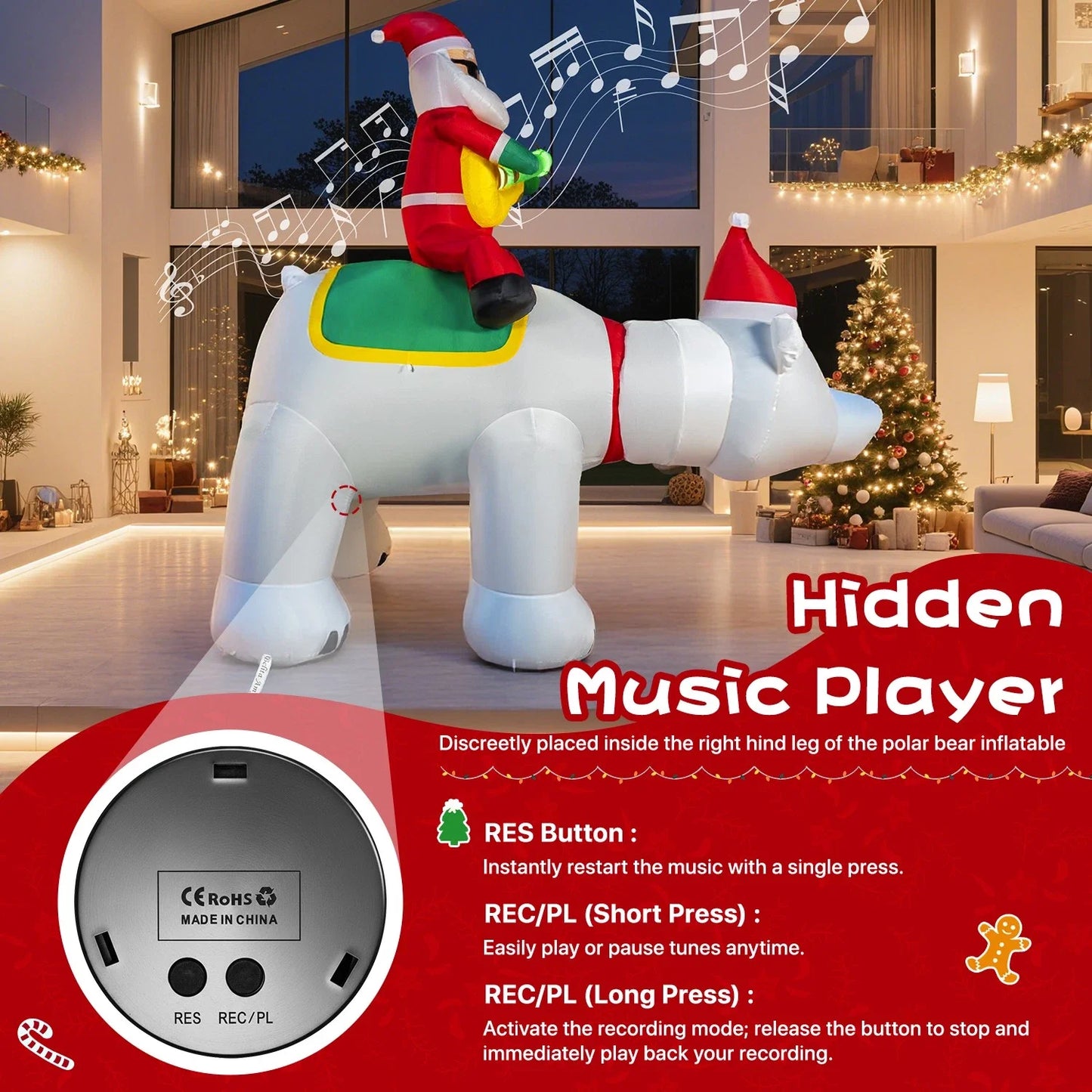 7FT Inflatable Santa Claus Decoration – LED Lights, Riding Bear with Shaking Head, Music & Blow-Up Xmas Party Model