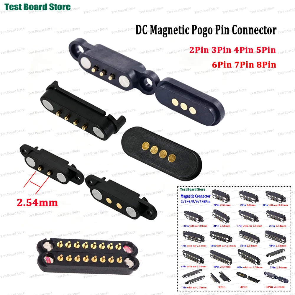 2A DC Magnetic Pogo Pin Connector - 2–8 Pin Spring-Loaded Male/Female Power Socket, 2.5/2.54/2.8mm Pitch, 1–5 Sets