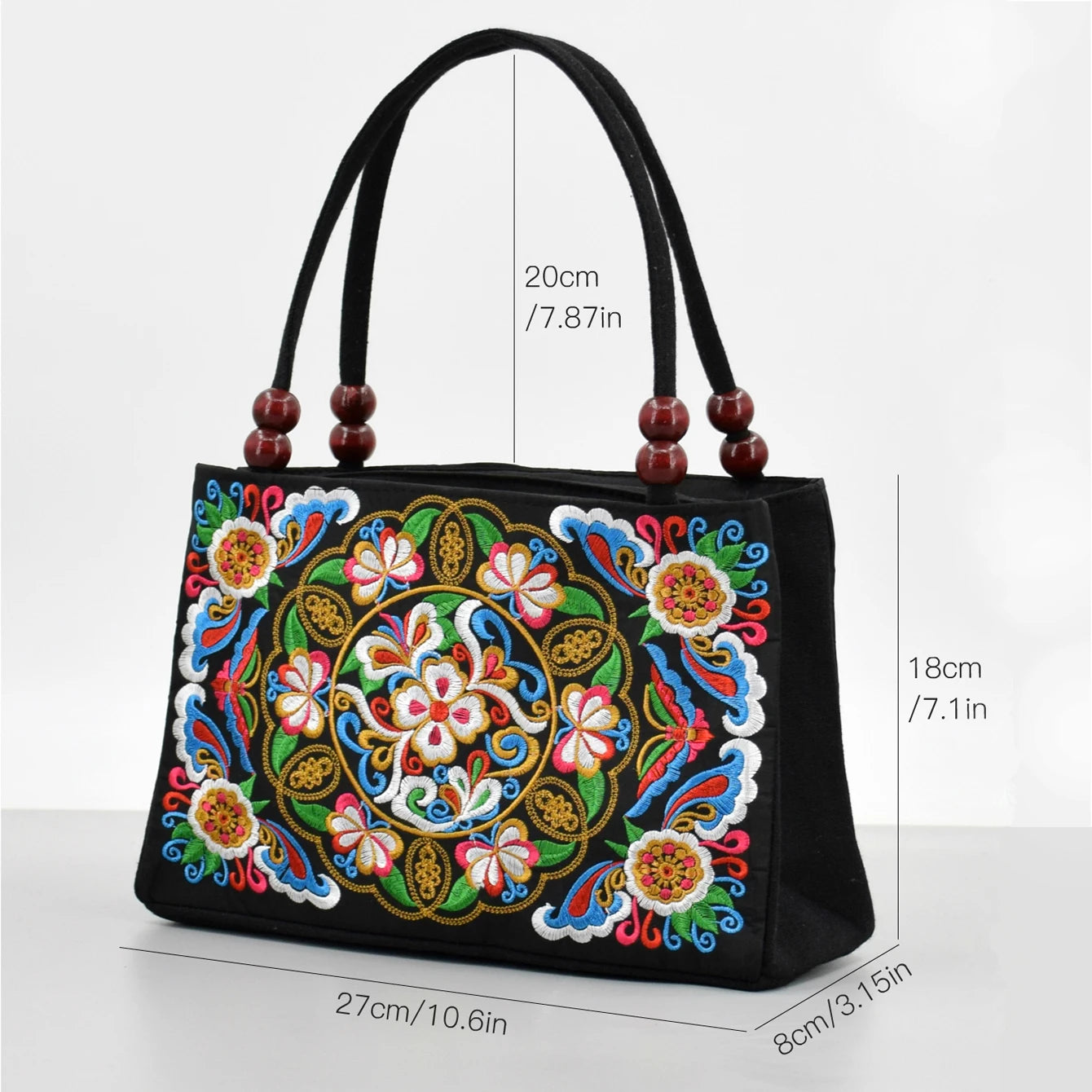 Embroidered Canvas Top Handle Bag for Women - Double Layered with Zippered Compartments, Ideal for Work and Play