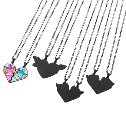 Eevee Pendant Necklace - 2-Piece Cute Cartoon Heart Patchwork Anime-Style Metal Jewelry Set